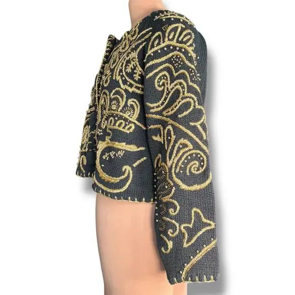 Vintage 90s Michael Simon Black Gold Metallic Embroidered Cropped Knit Cardigan - Picture 4 of 12